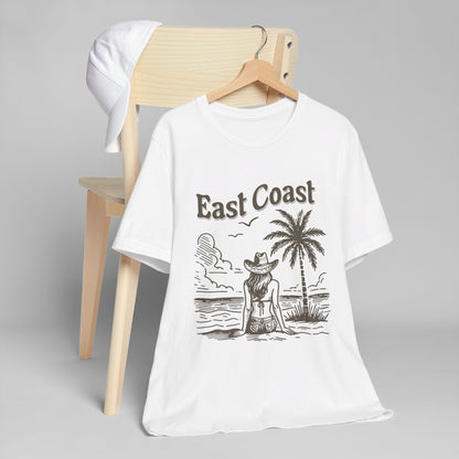TS-038ML-24 women’s beach sketch shirt beach scene tee for women woman sitting on beach t-shirt beach lover shirt women’s coastal Art graphic tee