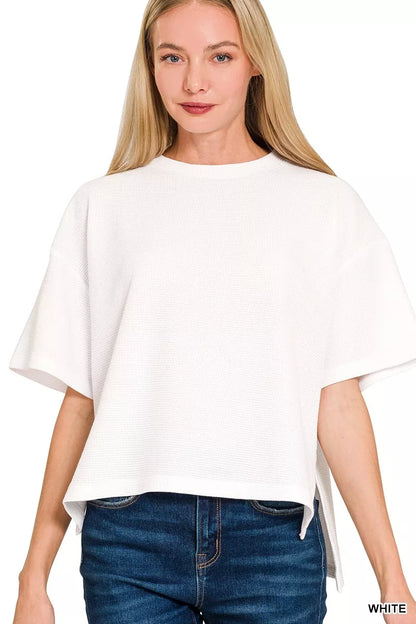Zenana Full Size Double Knit Side Slits Hi Low Short Sleeve Top Plus Size