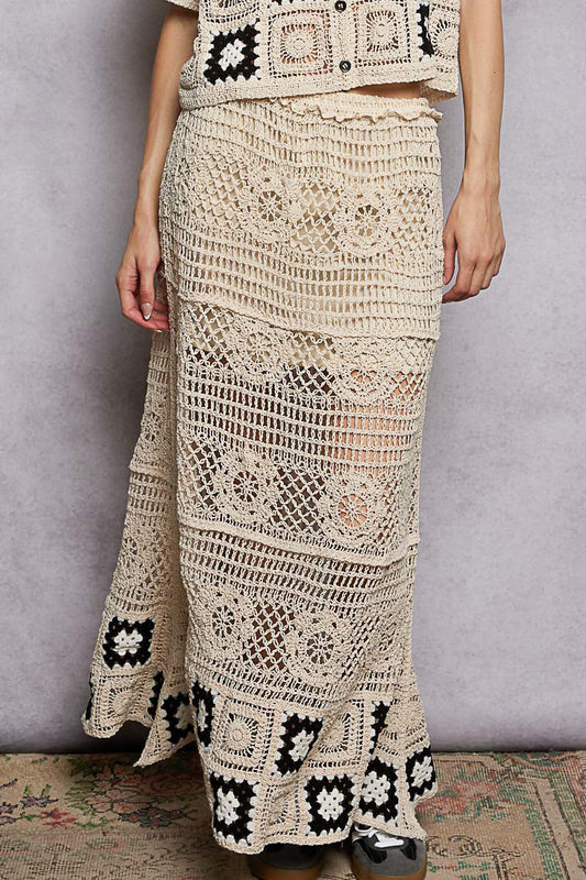 POL Floral Crochet Ruffled Waistband Maxi Skirt with Granny Square Weave