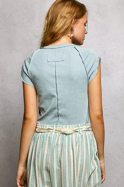POL V-Neck Short Sleeve Washed T-Shirt with Outseam