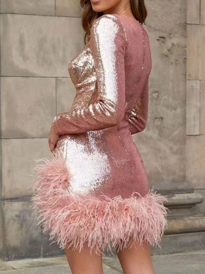 Sequin Feather Trim Mini Dress