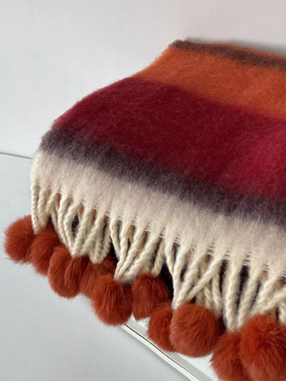 Rainbow Striped Fuzzy Scarf with Pom-Poms