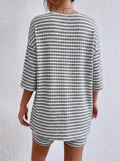 Striped Round Neck Top and Shorts Set
