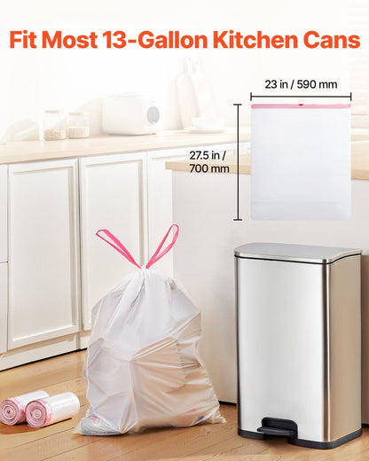 Drawstring Trash Bags, 13 Gallon 110 Count Tall Kitchen Trash Bags, Extra Thick Fresh Scent Garbage Bag, Recyclable Bin Bag With Drawstrings, For Home Kitchen, Office, RV And Camping (White)