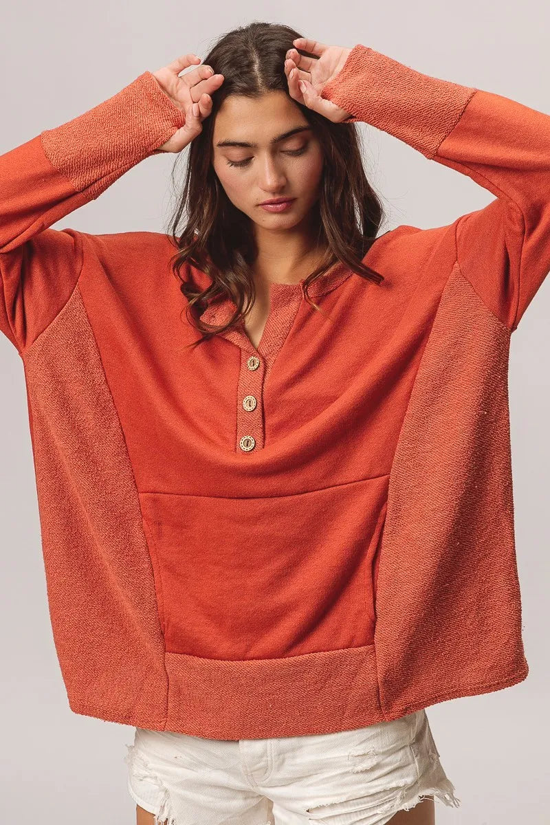 BiBi French Terry Knit Side Block Buttoned Henley Top