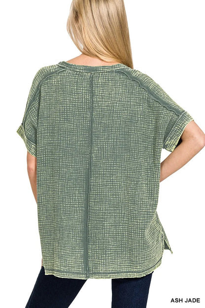 Zenana Acid Washed Double Gauze V-Neck Tee