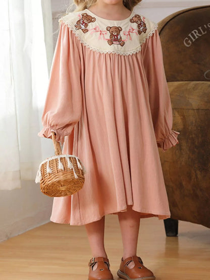 Children's Teddy Bear Embroidered Collar Long Sleeve Dress