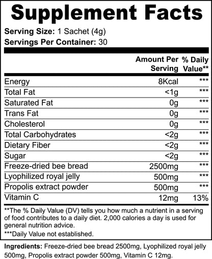 Bee Pearl Powder Energy, Immunity, And Skin Support With Bee Bread, Propolis, Royal Jelly And Vitamin C  30 Sachets