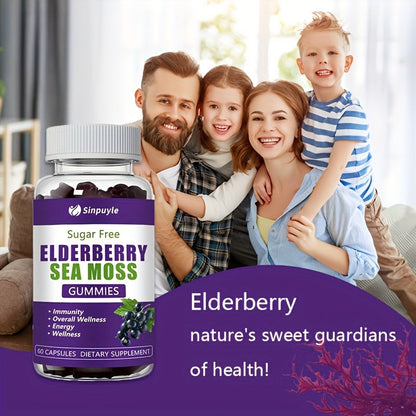 Sugar Free Elderberry Sea Moss Gummies - Immune Support, Daily Wellness & Energy Boost Supplement, 60 Count