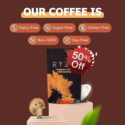 RYZE SUPERFOODS Mushroom Coffee Dark Roast, 6 Adaptogenic Mushrooms & Prebiotic Blend, Instant Coffee Supports Energy, Focus, Digestion & Immunity, Lions Mane & Turkey Tail, 30 Servings.