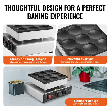 9PCS 76mm Dutch Pancake Maker Commercial Dorayaki Baker 850W Non-stick