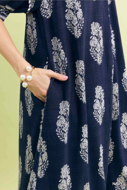 Umgee Border Print Collared Midi Dress