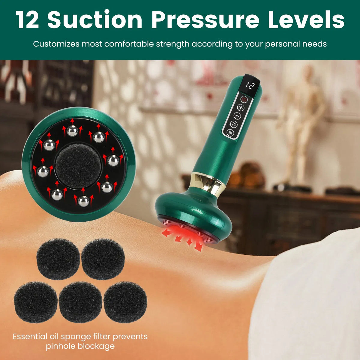 Anti Cellulite Massager Handheld Vacuum Suction Cupping Kit Beauty Tool With 12 Suction Mode 12 Heating 20Mins Auto-Off One-Key Pressure Release For Abdomen Thighs Buttocks Neck GPCT5424