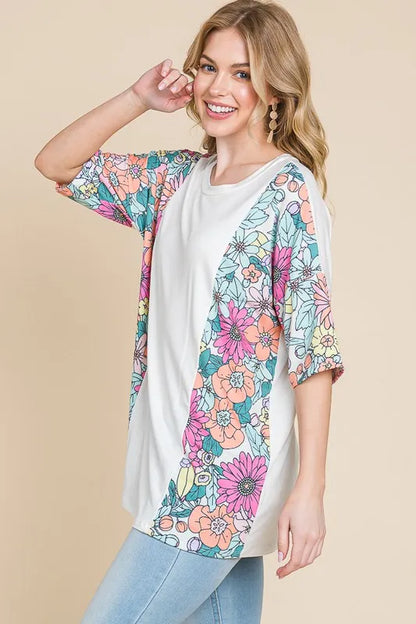 BOMBOM Floral Round Neck Half Sleeve T-Shirt