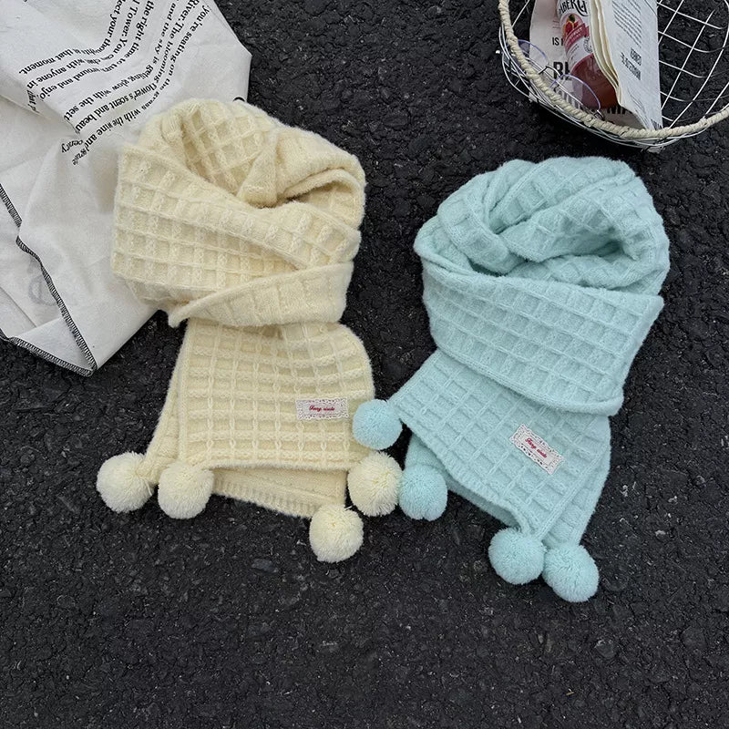 Waffle Knit Pom-Pom Scarf