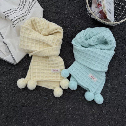 Waffle Knit Pom-Pom Scarf