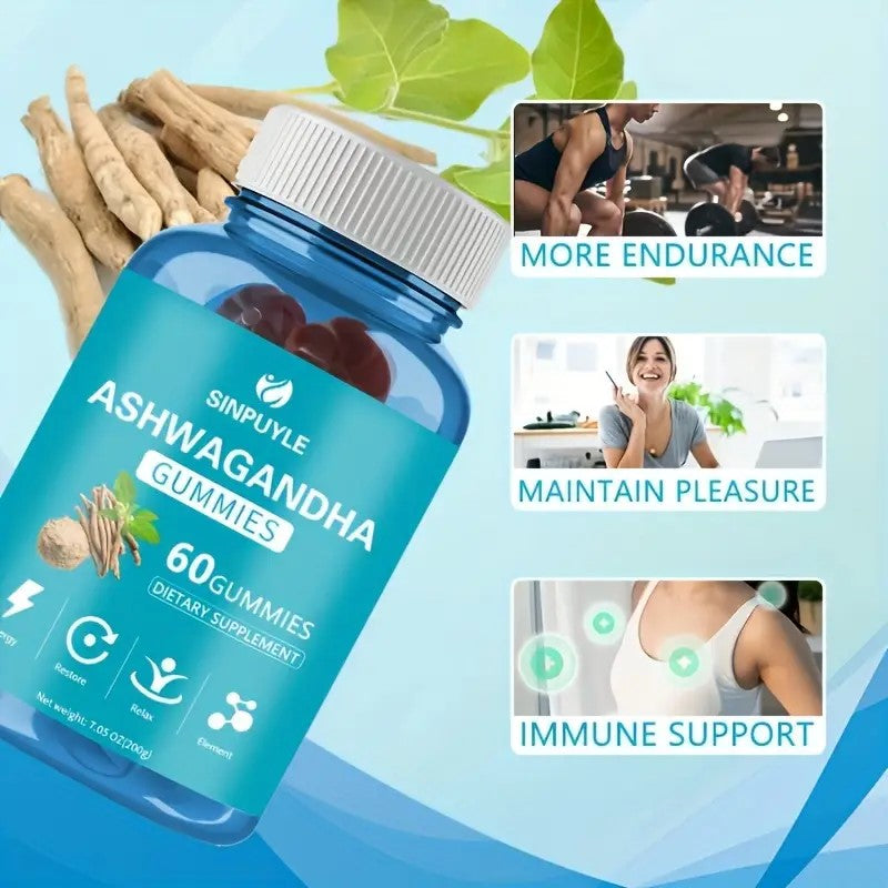 Ashwagandha Gummies 60 Count - Stress Relief, Energy Boost & Relax Support - Natural Adaptogen Supplement