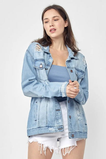 RISEN Full Size Distressed Long Sleeve Denim Jacket Plus Size