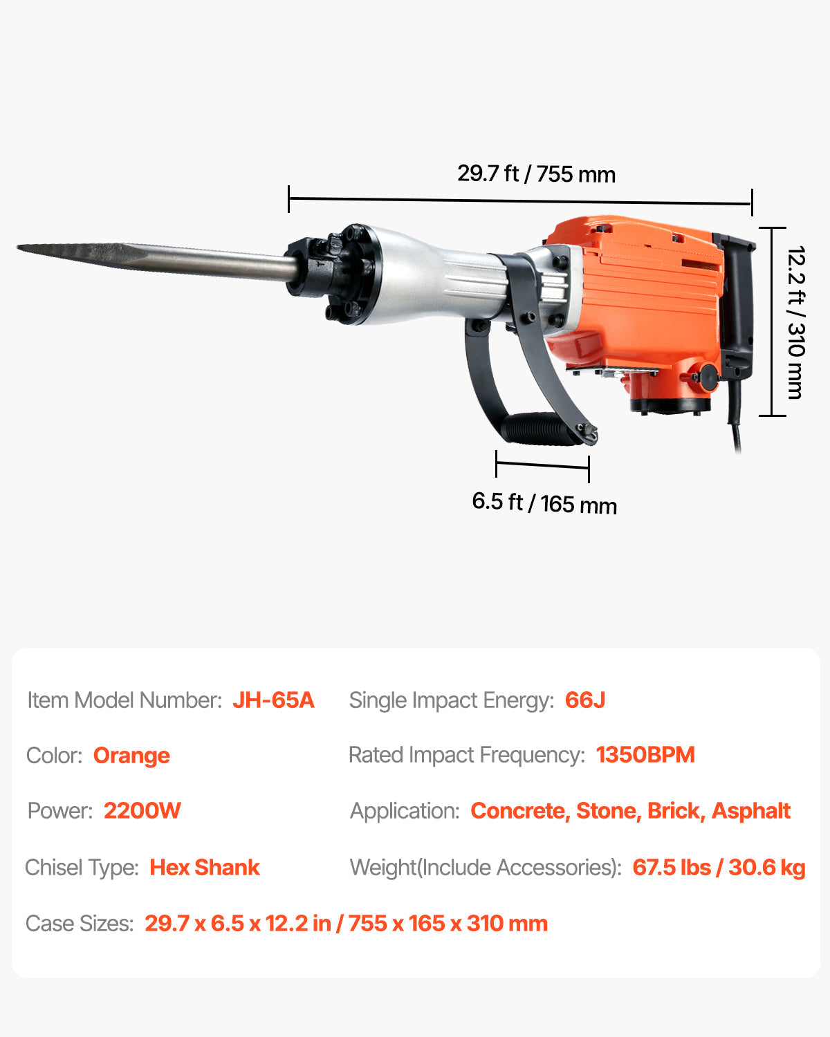 VEVOR Demolition Jack Hammer Concrete Breaker 2200W Electric Hammer 6 Chisel Bits