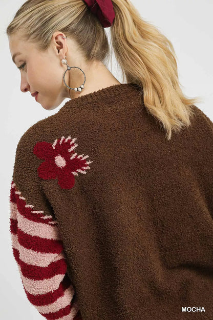 Umgee Flower Jacquard Striped Long Sleeve Sweater