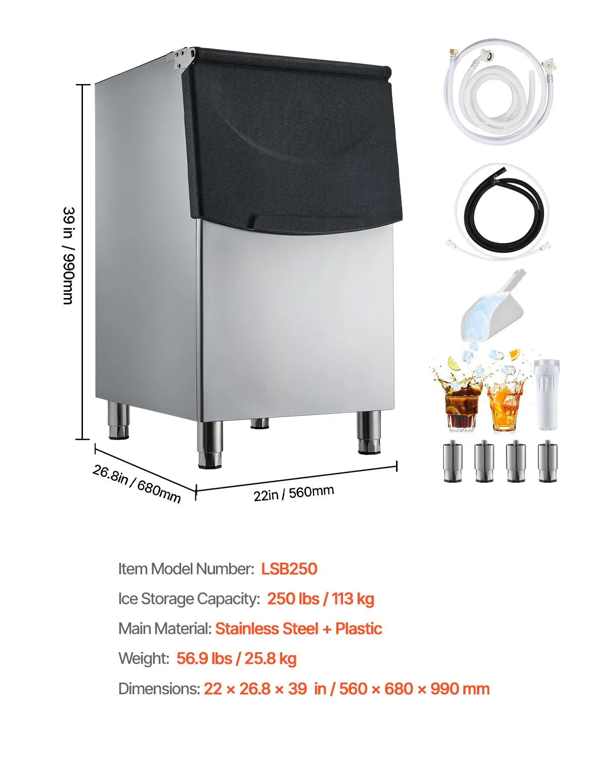 Commercial Ice Maker Storage Bin 250lbs Capacity Stainless Steel Ice Storage Bin