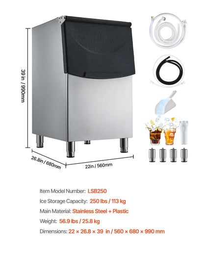 Commercial Ice Maker Storage Bin 250lbs Capacity Stainless Steel Ice Storage Bin