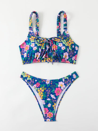 Women's Floral Print Bralette Bikini Set, Ruched Shoulder Straps & Front Tie Top, High Cut Cheeky Bottom 2 Piece Swimsuit
