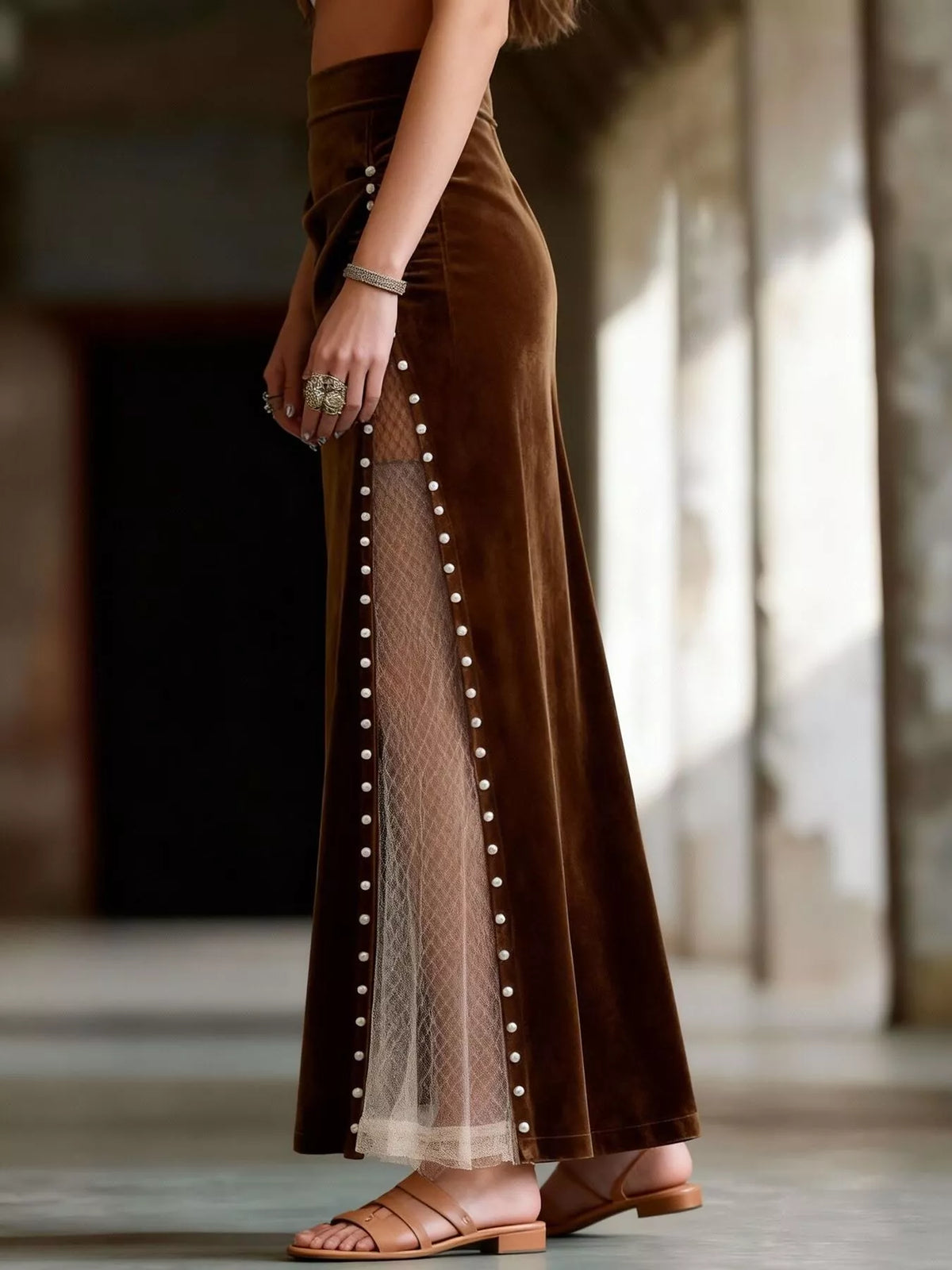 Velvet Pearl-Embellished Mesh Skirt