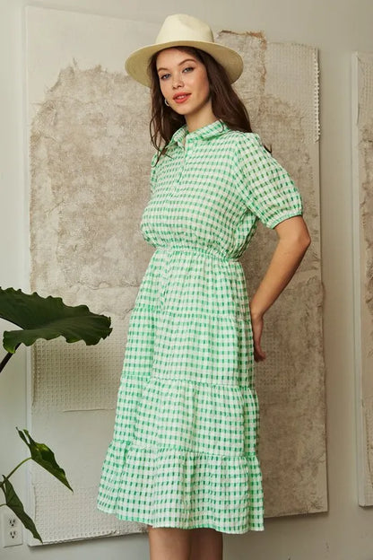 Davi & Dani Checkered Puff Sleeve Tiered Shirt Dress