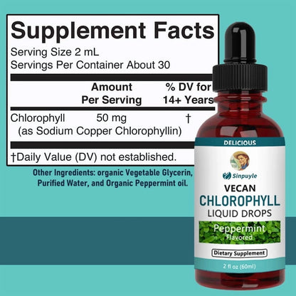 Vegan Chlorophyll Liquid Drops, Peppermint Flavored, Supports Detox And Fresh Breath, 60ml