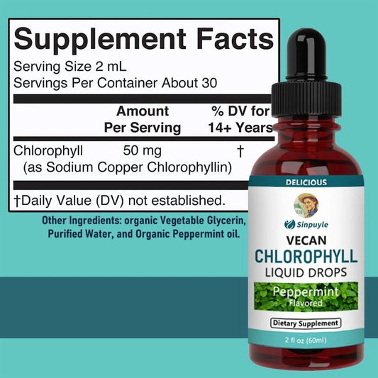 Vegan Chlorophyll Liquid Drops, Peppermint Flavored, Supports Detox And Fresh Breath, 60ml
