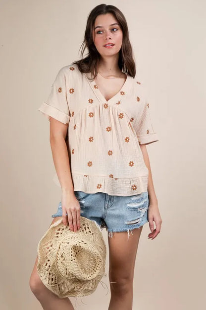 VERY J Flower Embroidered Woven Blouse