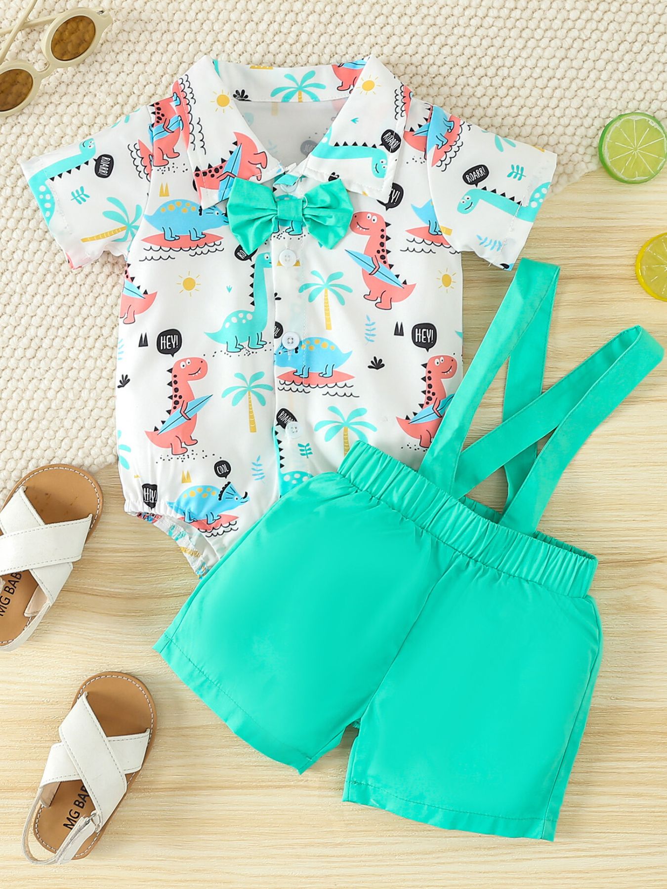 Children's Dinosaur Print Bodysuit & Suspender Shorts Set