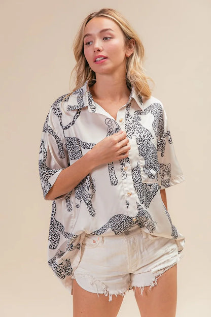 BiBi Leopard Print Short Sleeve Silky Satin Shirt Top