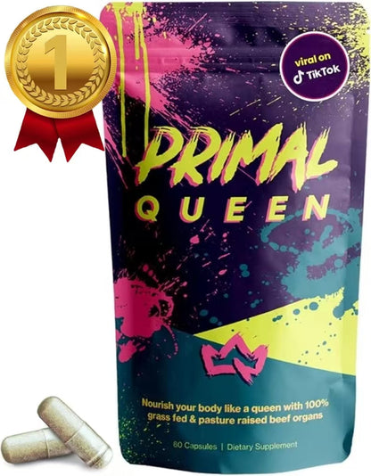 Primal Queen Female-Optimized Beef Organ Superfood Supplement (Beef Liver, Kidney, Heart, & 3 More) - 100% Grass Fed, Pasture Raised Cattle - Balance Hormones, Energy, & More for Women