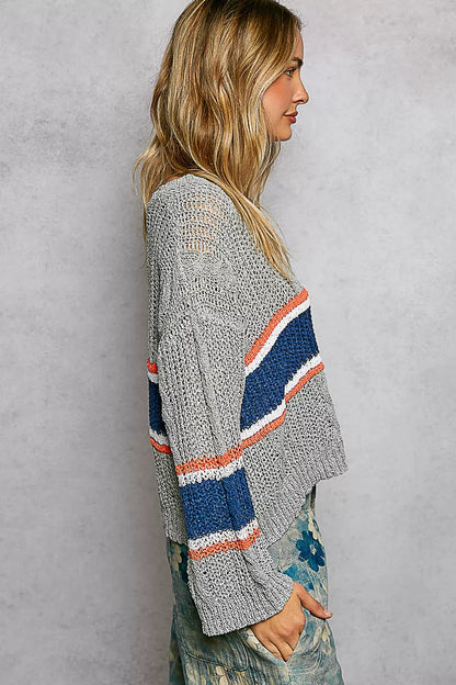 POL V-Neck Striped Pattern Cropped Knit Top with Cable Knit Detail