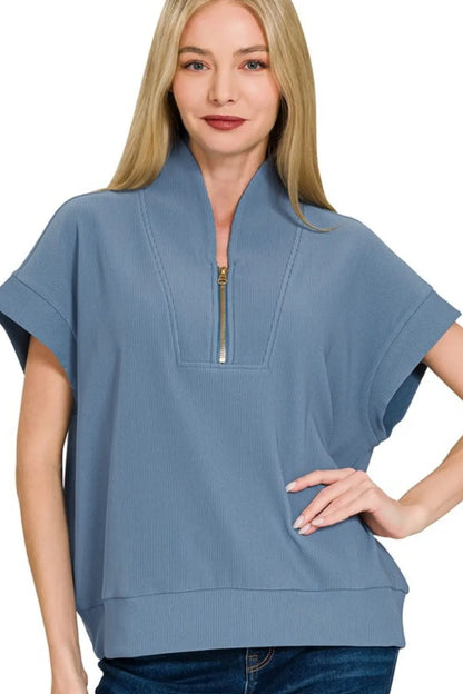 Zenana Ribbed High Neck Half Zip Top