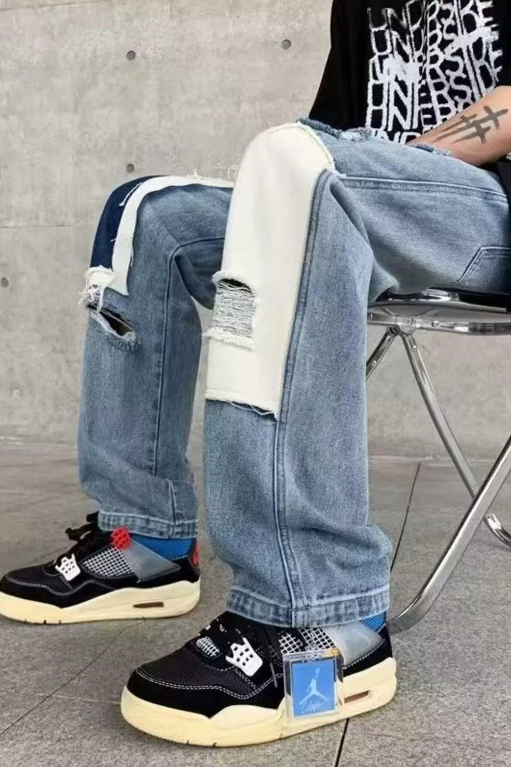Men's Ripped Patchwork Wide Leg Jeans