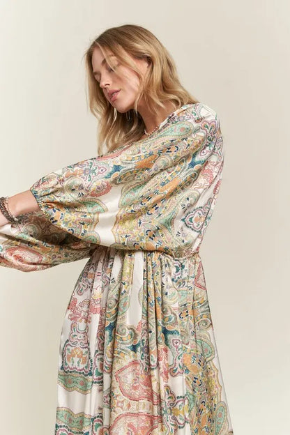 ADORA Printed V-Neck Batwing Sleeve Dress