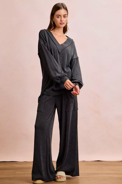 BiBi Two Tone Cord Rib Contrast Stitching V-Neck Top and Pants Set