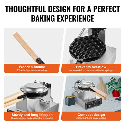 Commercial Bubble Waffle Maker Egg Pancake Baker Machine 1400W Non-Stick