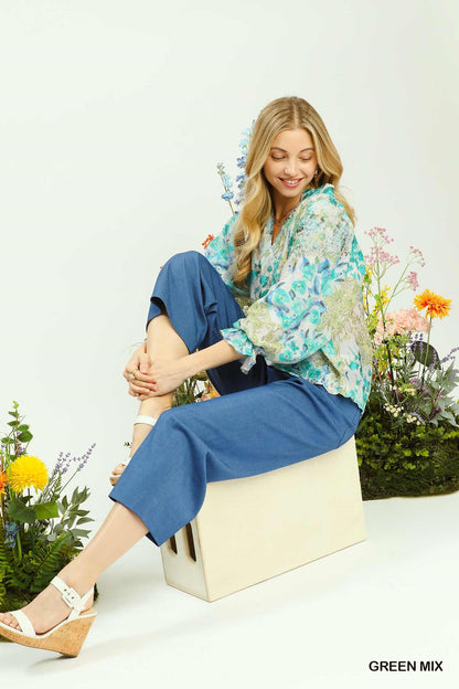 Umgee Watercolor Floral Blouse with Flounce Sleeve