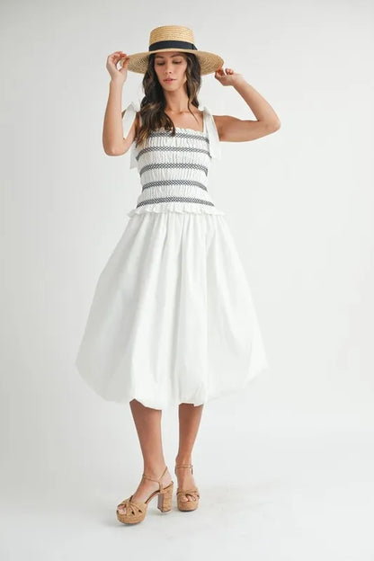 MABLE Smocked Bodice Bubble Midi Dress