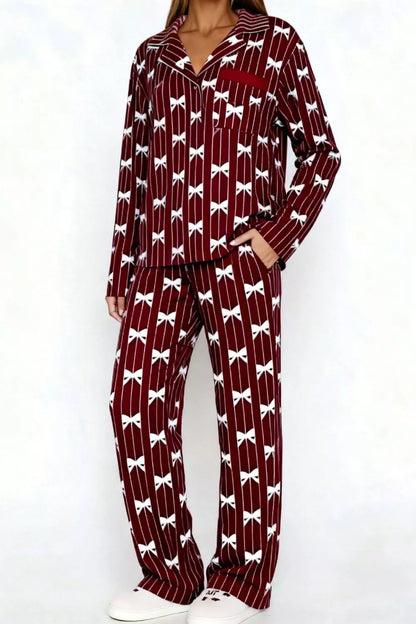 Bow Print Top and Wide Leg Pants Lounge Set