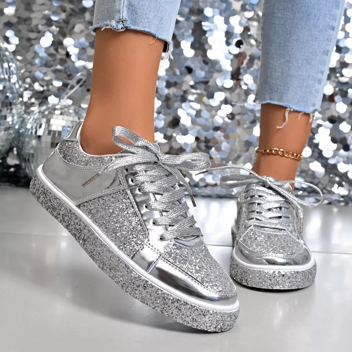 Sequin Lace Up Sneakers
