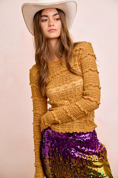 BiBi Ruffles Detail Mardi Gras Color Flower Lace Top