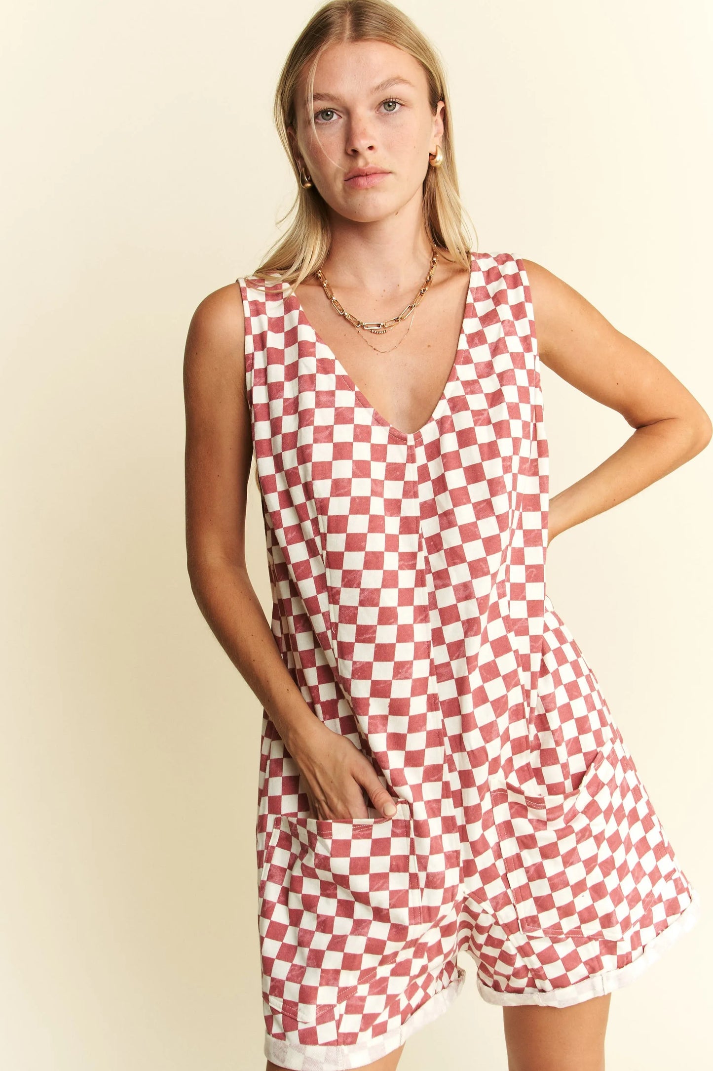 Jade By Jane Plus Size Back Tie Sleeveless Plaid Romper with Pockets