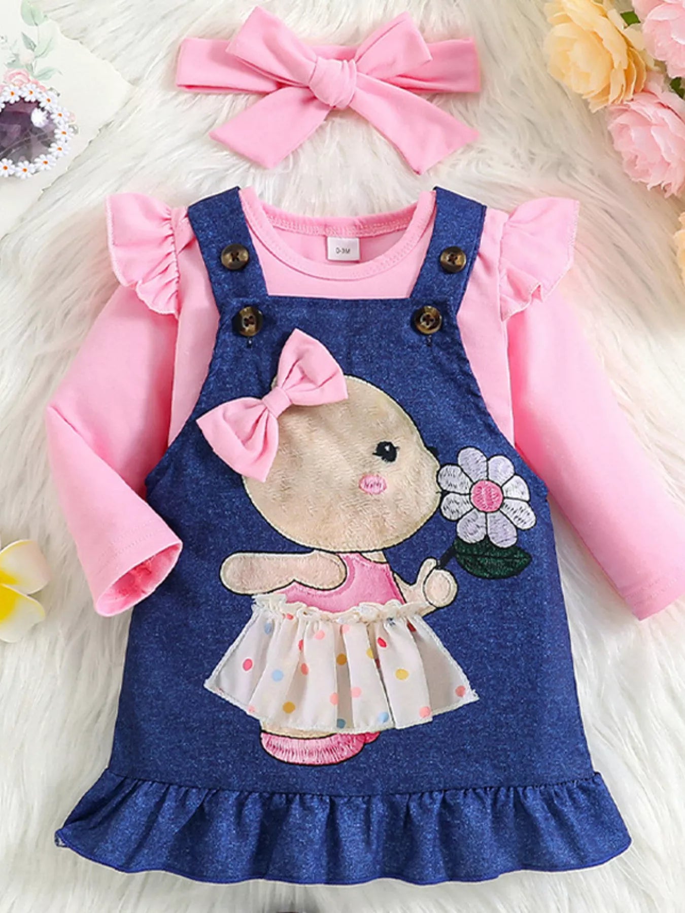 Children's Ruffled Bodysuit and Overall Dress Set with Headband