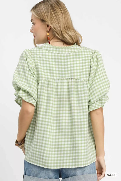 Umgee Gingham Puff Sleeve Babydoll Blouse
