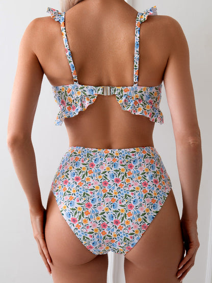 Women's Ditsy Floral Ruffle Bikini Set, V-Neck Ruffle Top & High Waist Bottom, 2 Piece Cute Swimsuit